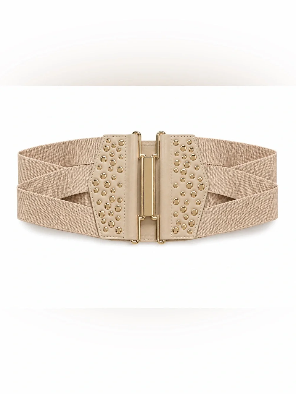 bebe Beige Elastic Waist Belt with Gold Studs